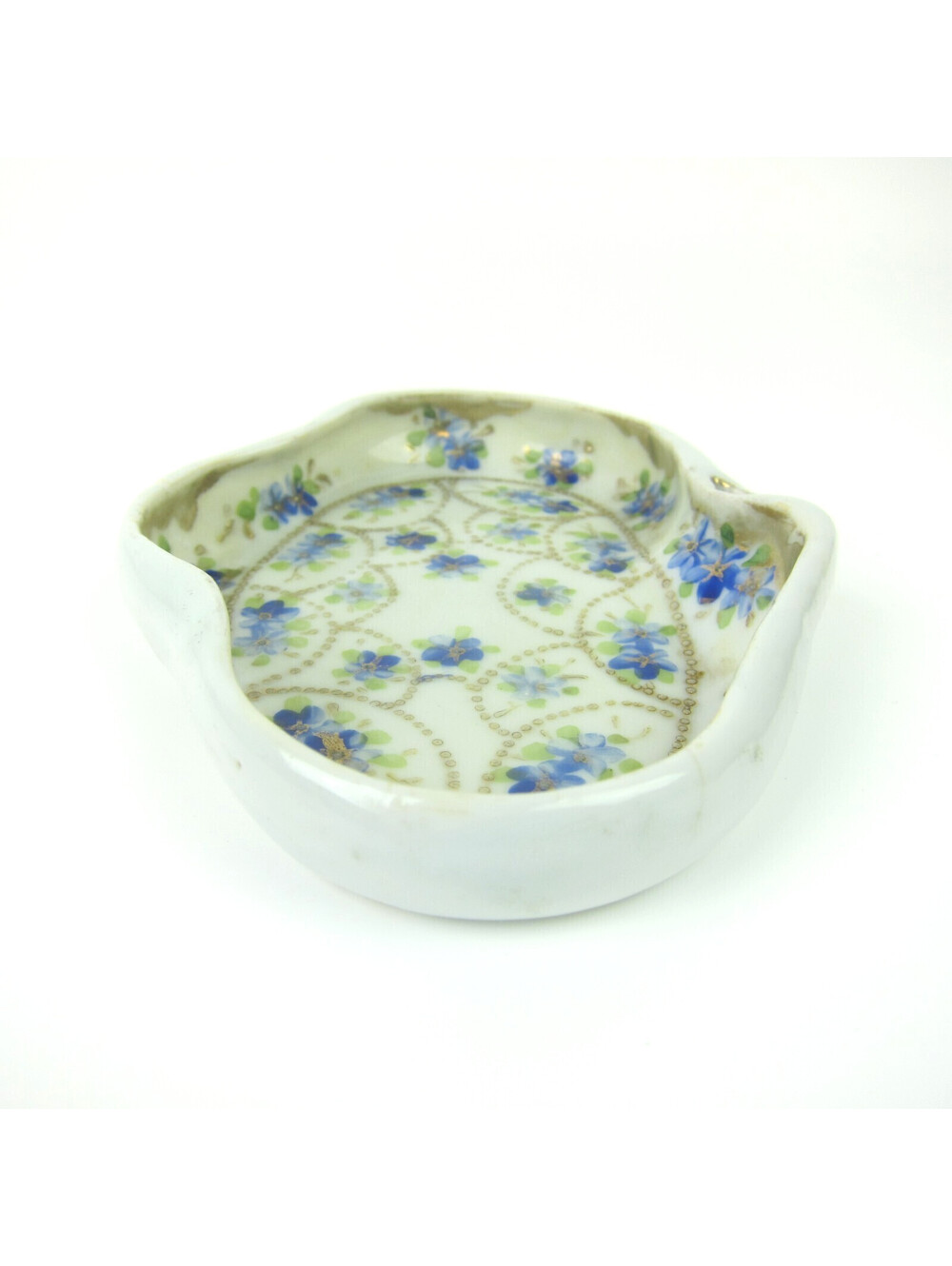 Antique Porcelain Dish Hand Painted Blue Flowers Green Gold Accents Japan Mikado - Picture 7 of 13